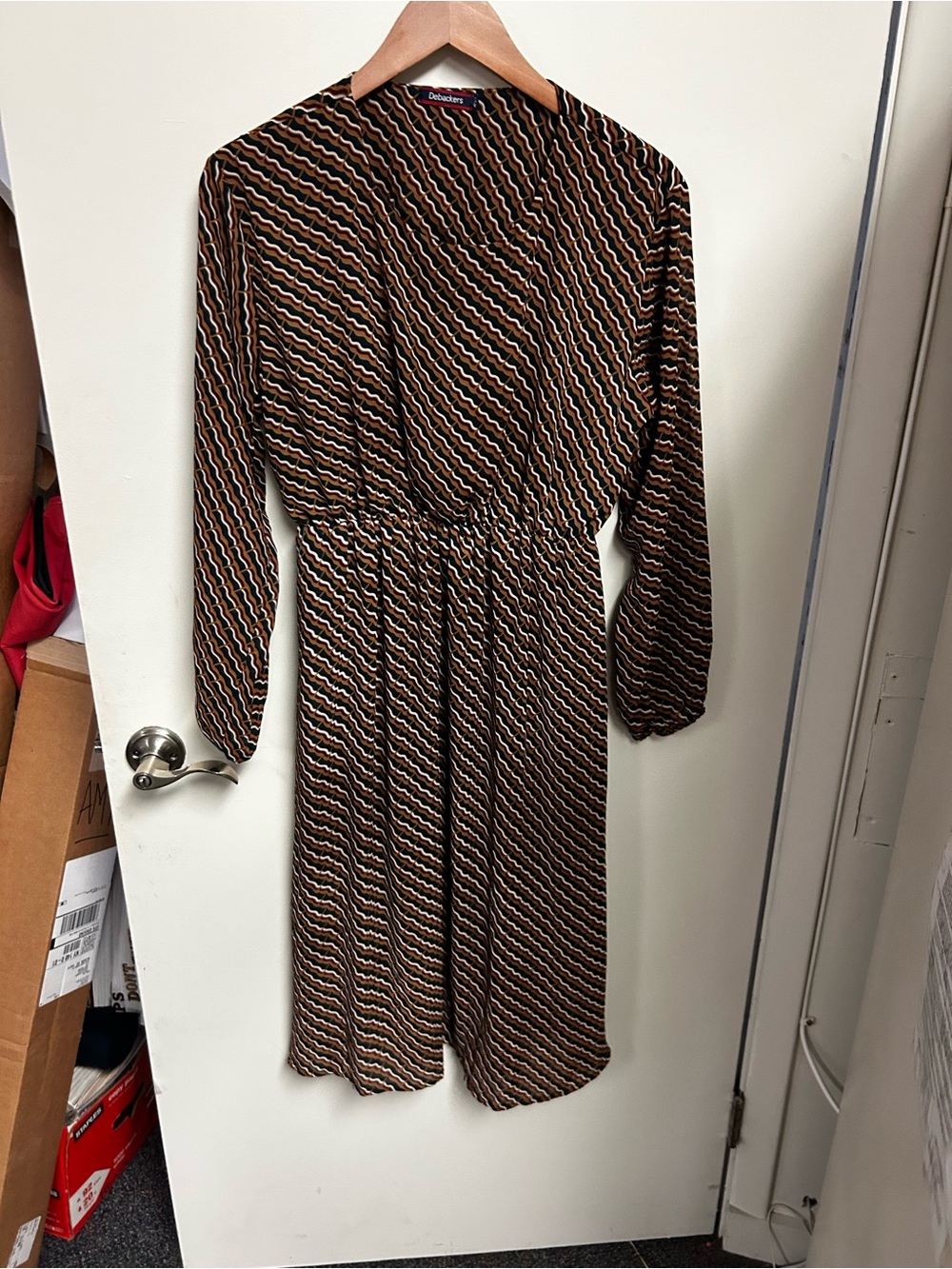 Deletta Brown and Black Chevron-Pattern Long-Sleeve Midi Dress